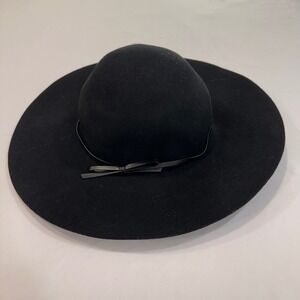 100% Wool Wide Brim Floppy Hat Womens OS Black Faux Leather Bow | Boho